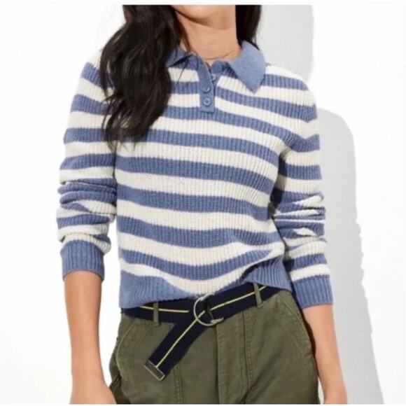 American Eagle Soft Knit Striped Henley Sweater S NWT Blue White Prep Collar - Picture 1 of 6